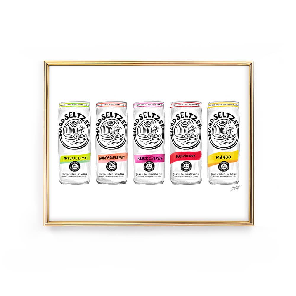 Hand drawn hard seltzer art print featuring White Claw style cans for gifting